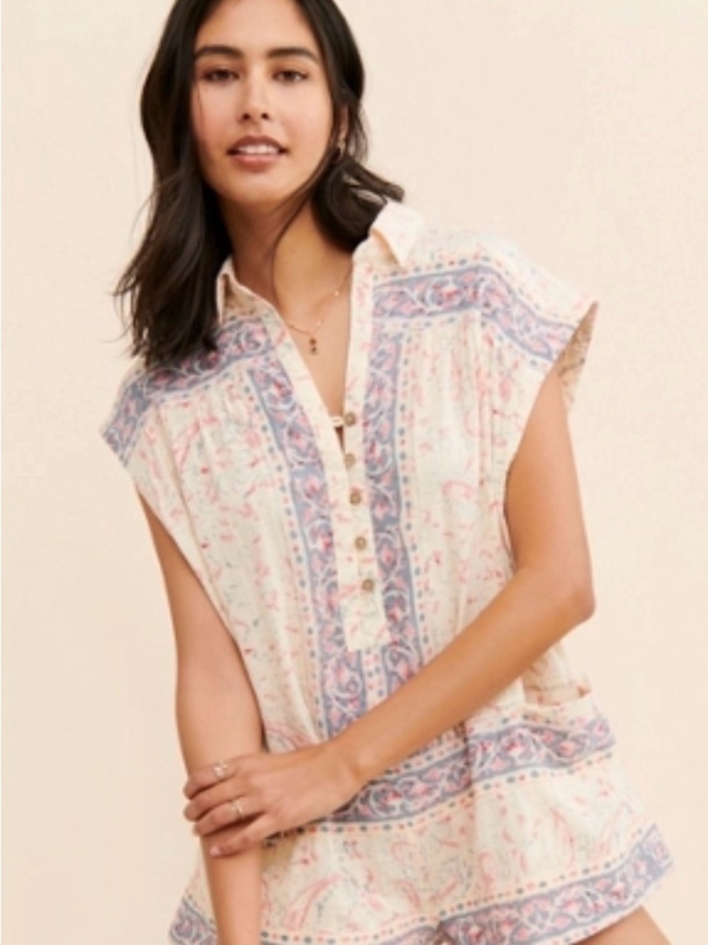 Free People Cream Paisley Button-Front Romper with Pink & Blue Accents